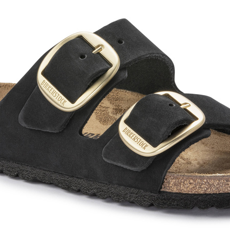 Klapki damskie Birkenstock Arizona Big Buckle skórzane nubuk black-gold narrow wąskie (1023290)
