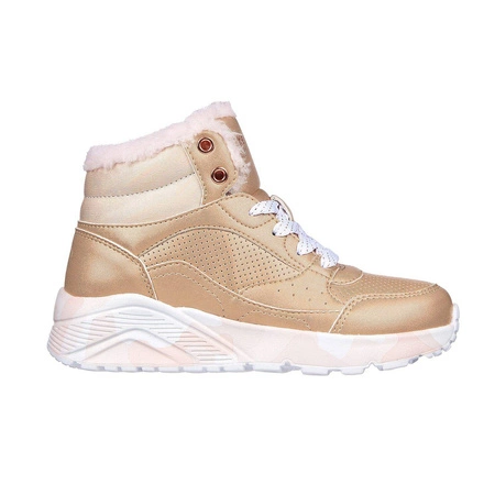 Wyprzedaż - Buty zimowe dziecięce Skechers Uno Lite Camo Dazzle sneakersy wysokie dziewczęce z futerkiem złote (310485L-GDPK)