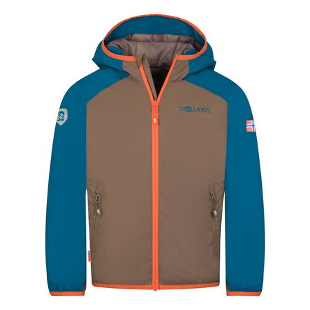 Kurtka ultralekka przejściowa dziecięca dla chłopca/dziewczynki Trollkids Kids Halsafjord Jacket mocca brown/atlantic blue/glow orange (616-822)