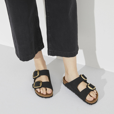 Klapki damskie Birkenstock Arizona Big Buckle skórzane nubuk black-gold narrow wąskie (1023290)