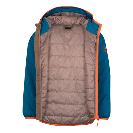 Kurtka ultralekka przejściowa dziecięca dla chłopca/dziewczynki Trollkids Kids Halsafjord Jacket mocca brown/atlantic blue/glow orange (616-822)