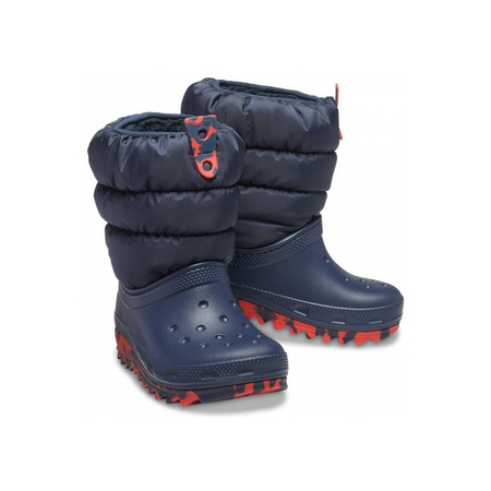 Wyprzedaż - Śniegowce dziecięce Crocs Classic Neo Puff Boot T wysokie buty zimowe z ortalionu granatowe (207683-NAVY)