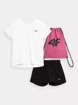 Komplet na w-f dziecięcy szkolny zestaw koszulka i spodenki 4F white pink black (4FJAW23TAPSF014-20S)