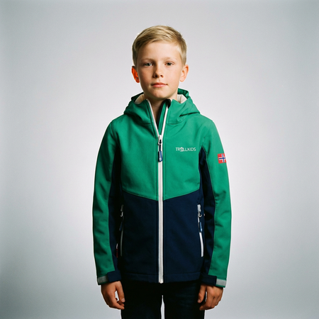 Kurtka softshell dziecięca Trollkids Kids Kristiansand Jacket z kapturem zielona/granatowa (320-327)