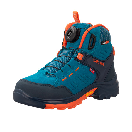 Wodoodporne buty turystyczne dziecięce dla chłopca/dziewczynki Trollkids Kids Gjende Hiker Mid atlantic blue/dark navy/glow orange (661-197)