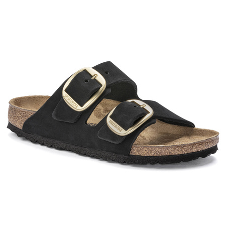 Klapki damskie Birkenstock Arizona Big Buckle skórzane nubuk black-gold narrow wąskie (1023290)