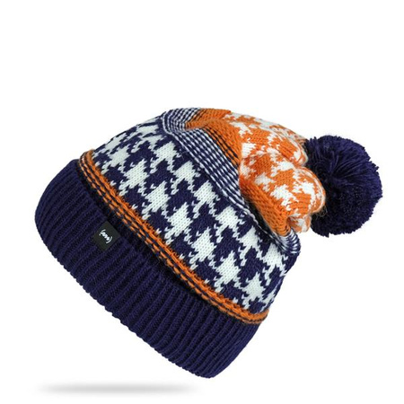 Czapka z pomponem unisex Monotox NORTH NAVY zimowa we wzorki granatowo-pomarańczowa (MX20051)