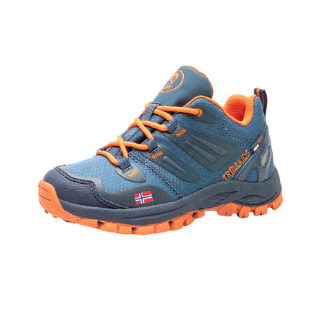 Wodoodporne buty turystyczne dziecięce dla chłopca/dziewczynki Trollkids Kids Rondane Hiker Low mystic blue/orange (259-142)