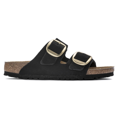 Klapki damskie Birkenstock Arizona Big Buckle skórzane nubuk black-gold narrow wąskie (1023290)