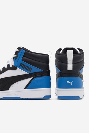 Sneakersy męskie Puma REBOUND V6 wysokie buty sportowe ze skóry ekologicznej biało-czarno-niebieskie (392326-10)