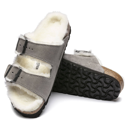 Klapki damskie/męskie ocieplane Birkenstock Arizona Shearling Stone Coin zamsz z wełną owczą narrow wąskie (1017403)