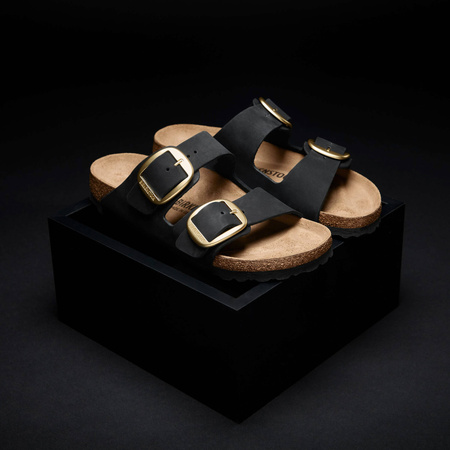 Klapki damskie Birkenstock Arizona Big Buckle skórzane nubuk black-gold narrow wąskie (1023290)