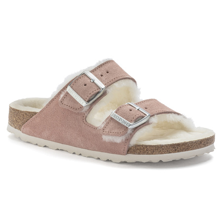 Klapki ocieplane Birkenstock Arizona Suede Leather Shearling Pink Clay LAF wąskie narrow (1023258)