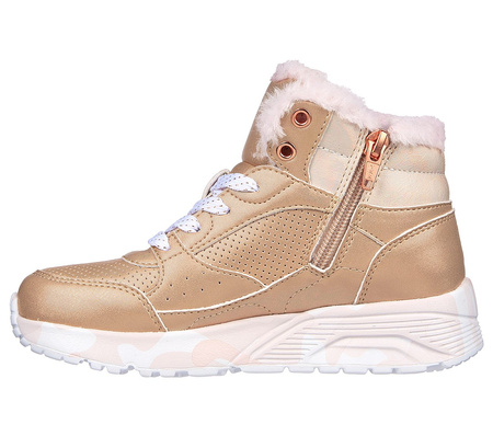 Wyprzedaż - Buty zimowe dziecięce Skechers Uno Lite Camo Dazzle sneakersy wysokie dziewczęce z futerkiem złote  (310485L-GDPK)