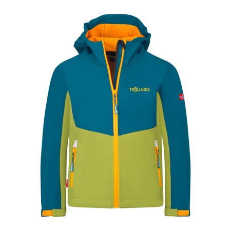 Kurtka Trollkids Kristiansand Softshell zielony gruszkowy/zielony lagunowy/zachód słońca na Saharze (320-360)