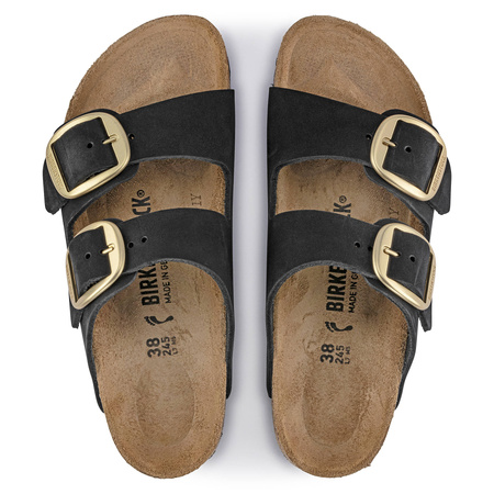 Klapki damskie Birkenstock Arizona Big Buckle skórzane nubuk black-gold narrow wąskie (1023290)