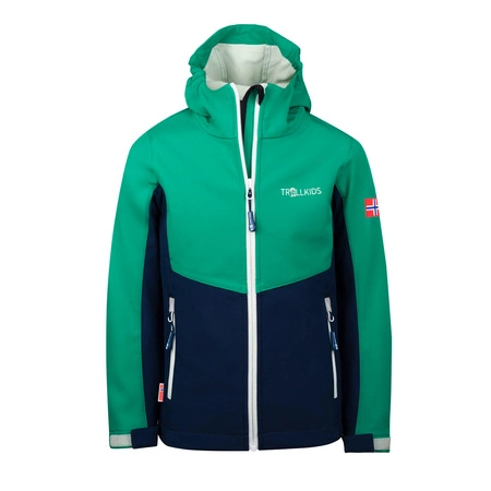 Kurtka softshell dziecięca Trollkids Kids Kristiansand Jacket z kapturem zielona/granatowa (320-327)