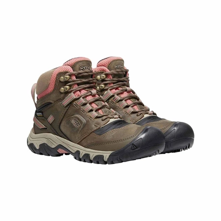 Wyprzedaż - Buty trekkingowe damskie Keen Ridge Flex Mid WP Timberwolf/Brick Dust wodoodporne oddychające brązowe (KE-1024921)