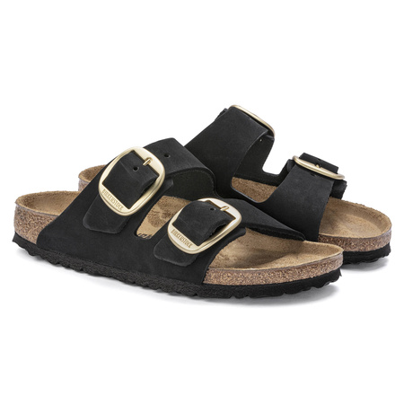 Klapki damskie Birkenstock Arizona Big Buckle skórzane nubuk black-gold narrow wąskie (1023290)