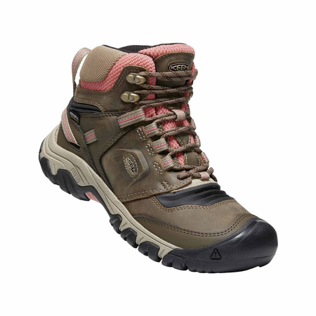 Wyprzedaż - Buty trekkingowe damskie Keen Ridge Flex Mid WP Timberwolf/Brick Dust wodoodporne oddychające brązowe (KE-1024921)