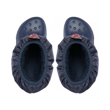 Wyprzedaż - Śniegowce dziecięce Crocs Classic Neo Puff Boot T wysokie buty zimowe z ortalionu granatowe (207683-NAVY)