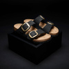 Klapki damskie Birkenstock Arizona Big Buckle skórzane nubuk black-gold narrow wąskie (1023290)