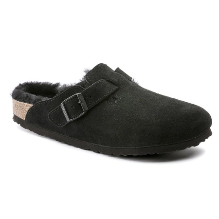 Chodaki damskie ocieplane z wełną owczą Birkenstock Boston Shearling Black skóra zamszowa narrow wąskie (0259883)