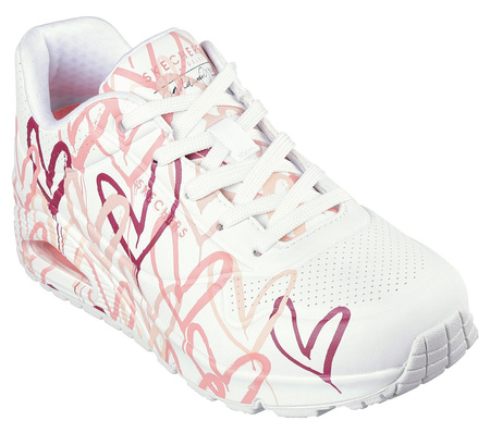 Wyprzedaż - Sneakersy damskie Skechers Uno Spread The Love buty sportowe serduszka lifestyle białe (155507-WCRL)