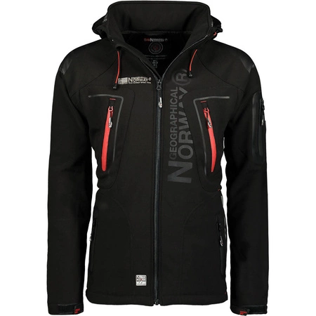Kurtka zimowa męska czarna Softshell Geographical Norway Techno z wiatroszczelna nieprzemakalna z kapturem czarna (WU1060H/GN-BLACK)