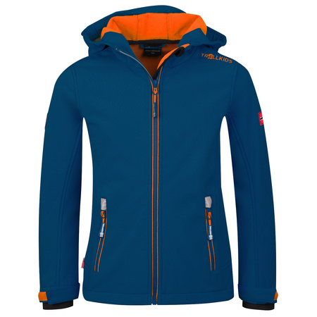 Kurtka softshellowa dziecięca TrollKids Kids Trollfjord Jacket mystic blue/orange oddychająca niebieska (161-142)