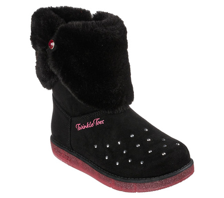 Buty zimowe dziewczęce Skechers Glitzy Glam Cozy Cuddlers wysokie ocieplane buty z ekozamszu podświetlana podeszwa czarne (314851L-BLK)