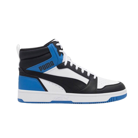 Sneakersy męskie Puma REBOUND V6 wysokie buty sportowe ze skóry ekologicznej biało-czarno-niebieskie (392326-10)
