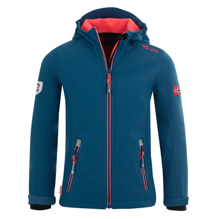 Kurtka sportowa dla dziewczynki TrollKids Girls Trollfjord Jacket midnight blue/coral wodoodporna niebieska (175-115)