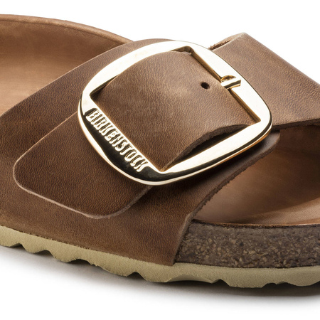 Klapki damskie Birkenstock Madrid Big Buckle Oiled Leather Cognac narrow wąskie (1006525)