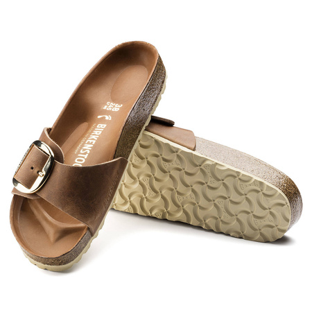 Klapki damskie Birkenstock Madrid Big Buckle Oiled Leather Cognac narrow wąskie (1006525)
